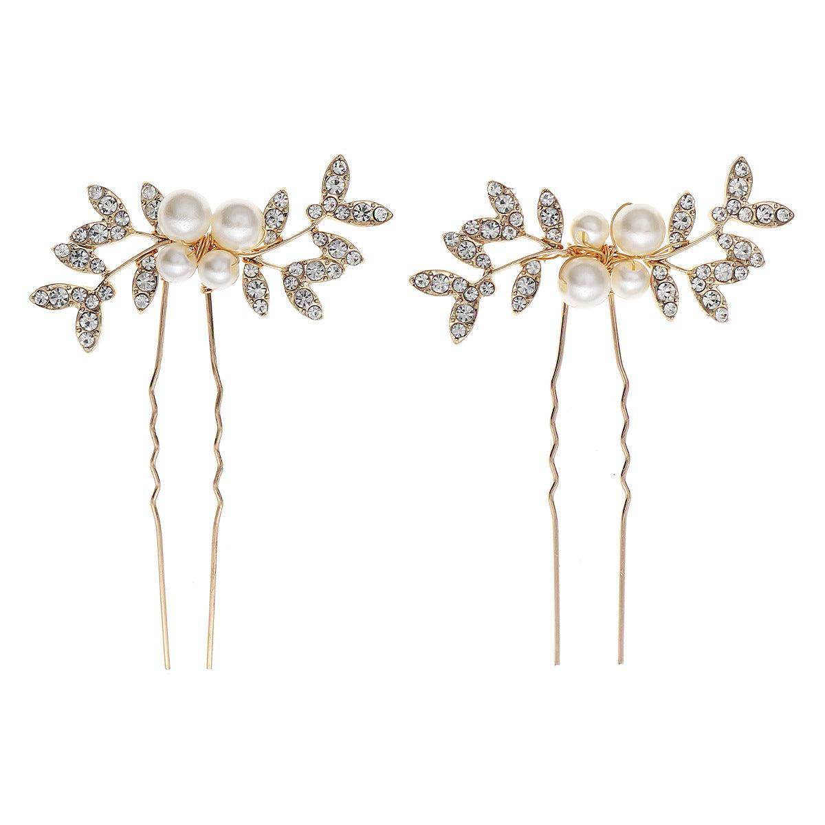 Rhinestone pearl leaf hairpin Bride headdress U-pin hairpin 773672582229 - COCOMELODY